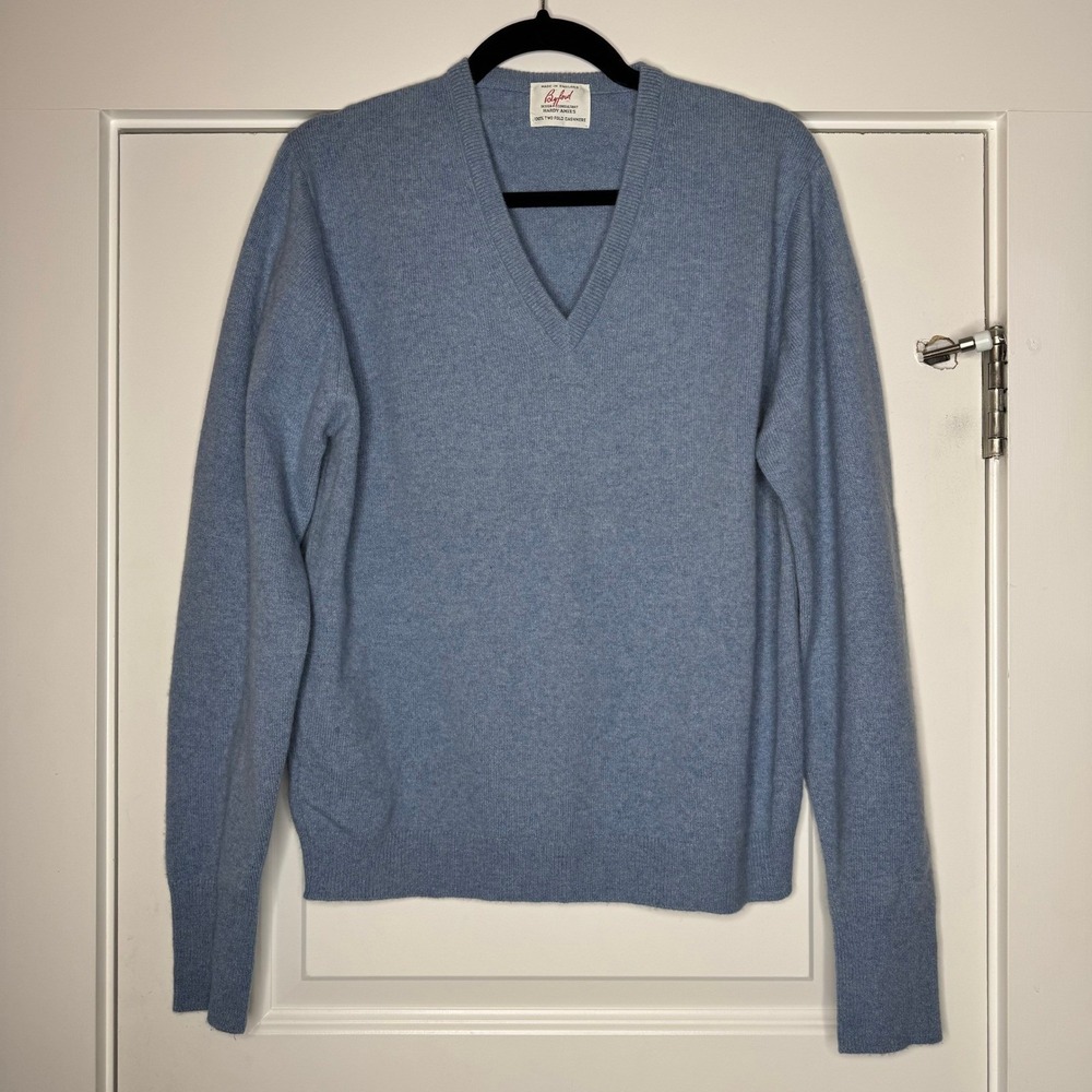 Byford Hardy Amies 100% Two Fold Cashmere V-Neck Sweater Mens Blue Size L